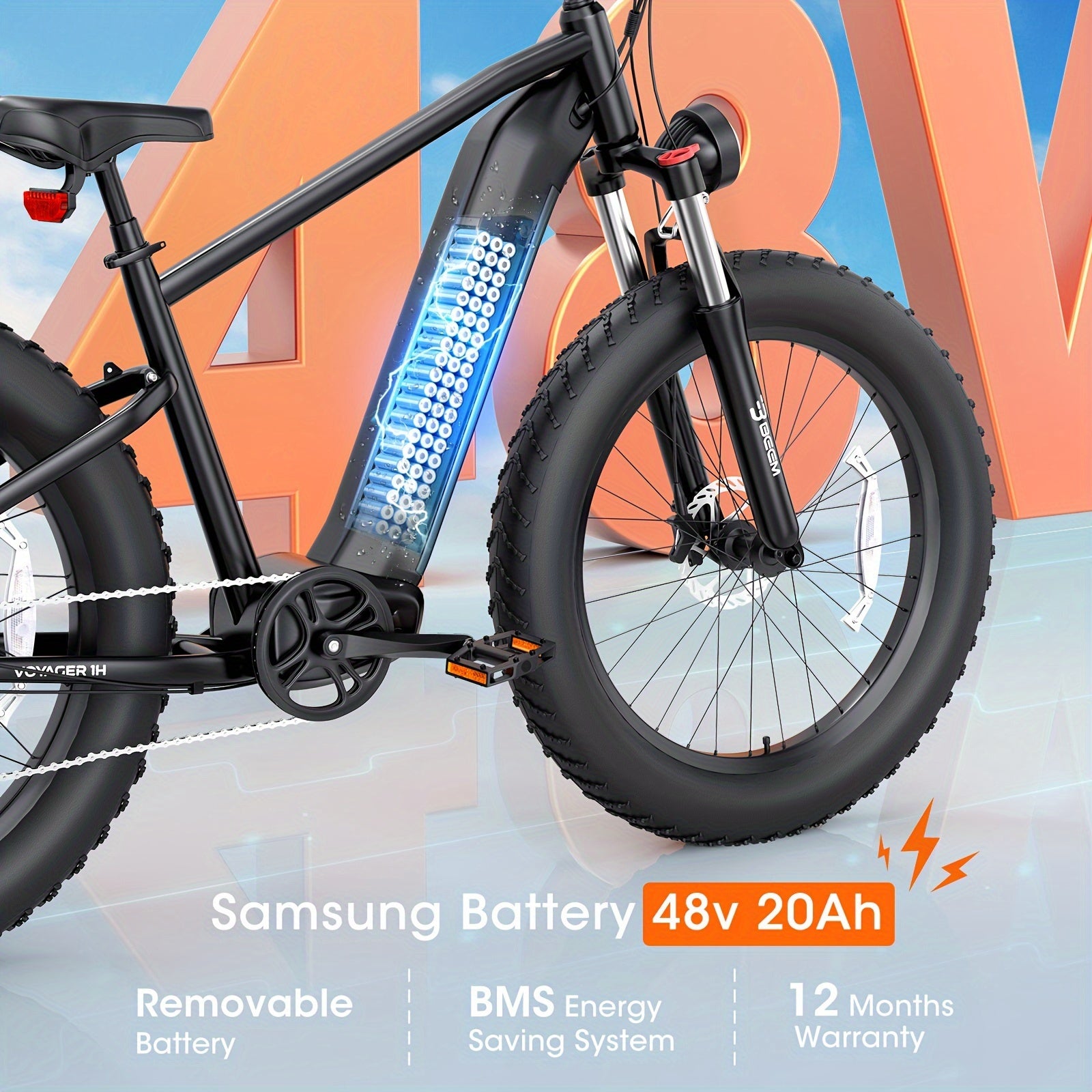 UDON BEEMONE Electric Bike for Adults One-Step, 1000W Motor Electric Bicycle with 26" x 4.0 Fat Tire, 30-80Miles 28MPH E-Bikes 48V/20Ah Removable Battery, 7-Speed 3 Mode Kit